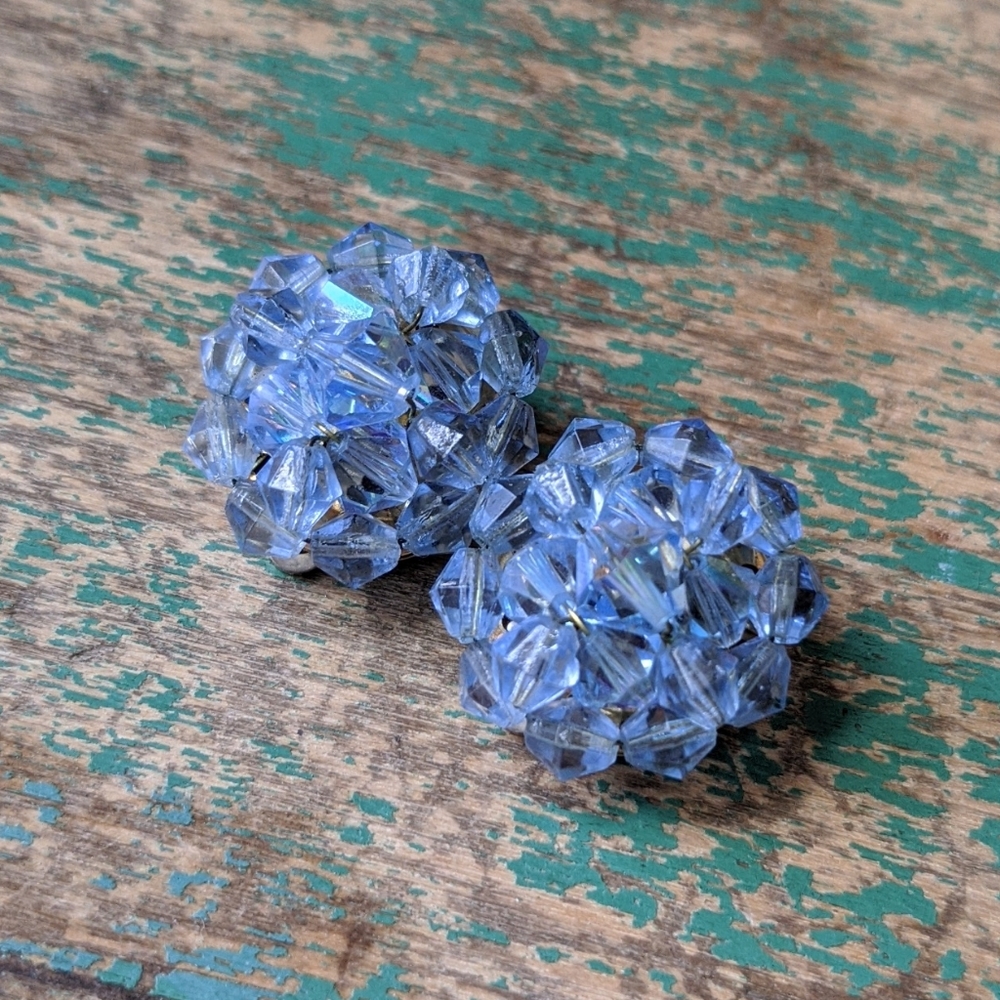 Vintage Light Blue Cluster Bead Aurora Borealis Clip-On Earrings